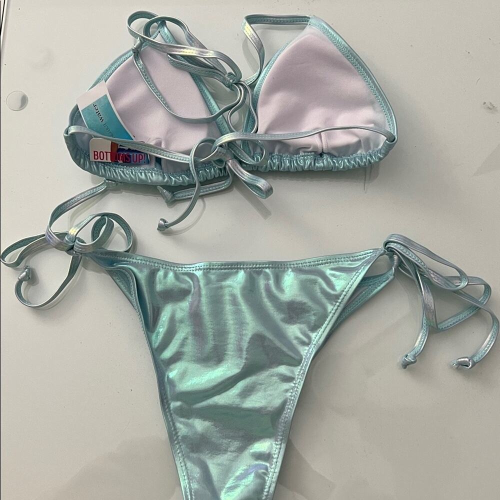 NWT $228 iridescent aqua BIKINI SET Bottoms Up Bikinis Everything But Water M - Picture 9 of 9